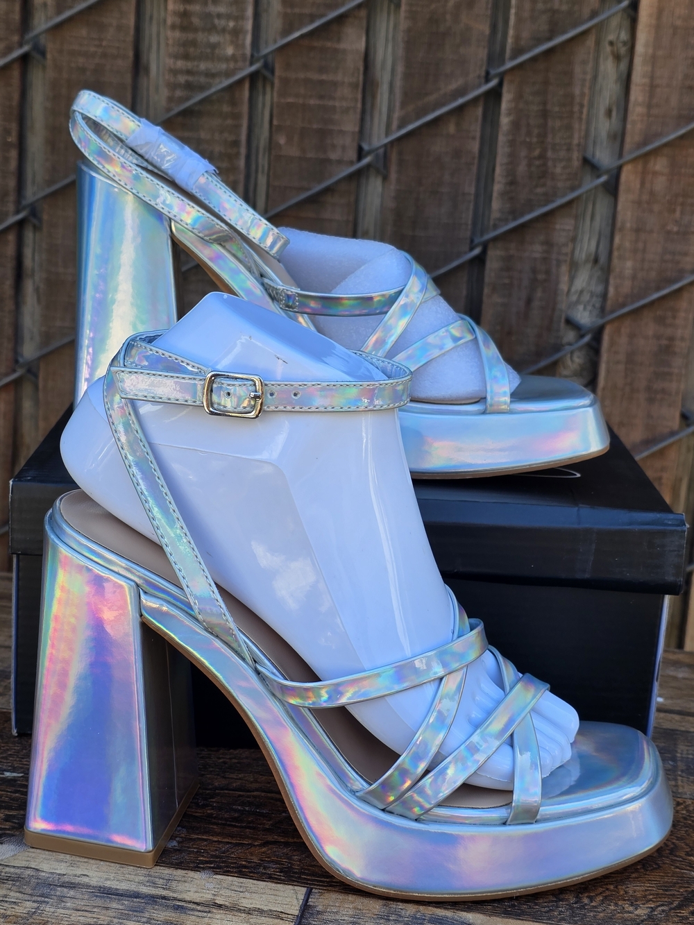 Mysoft Holographic Platform Block Heel Sandals  Iridescent Silver Size 8